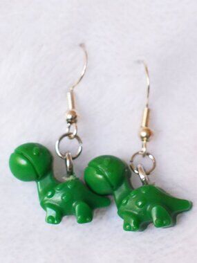 Handmade Green HDPE Brachiosaurus Dinosaur Dangle Earrings Recycled Jewelry